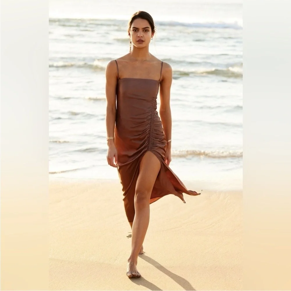 Shona Joy Lily Bias Ruched Midi Dress in Clove